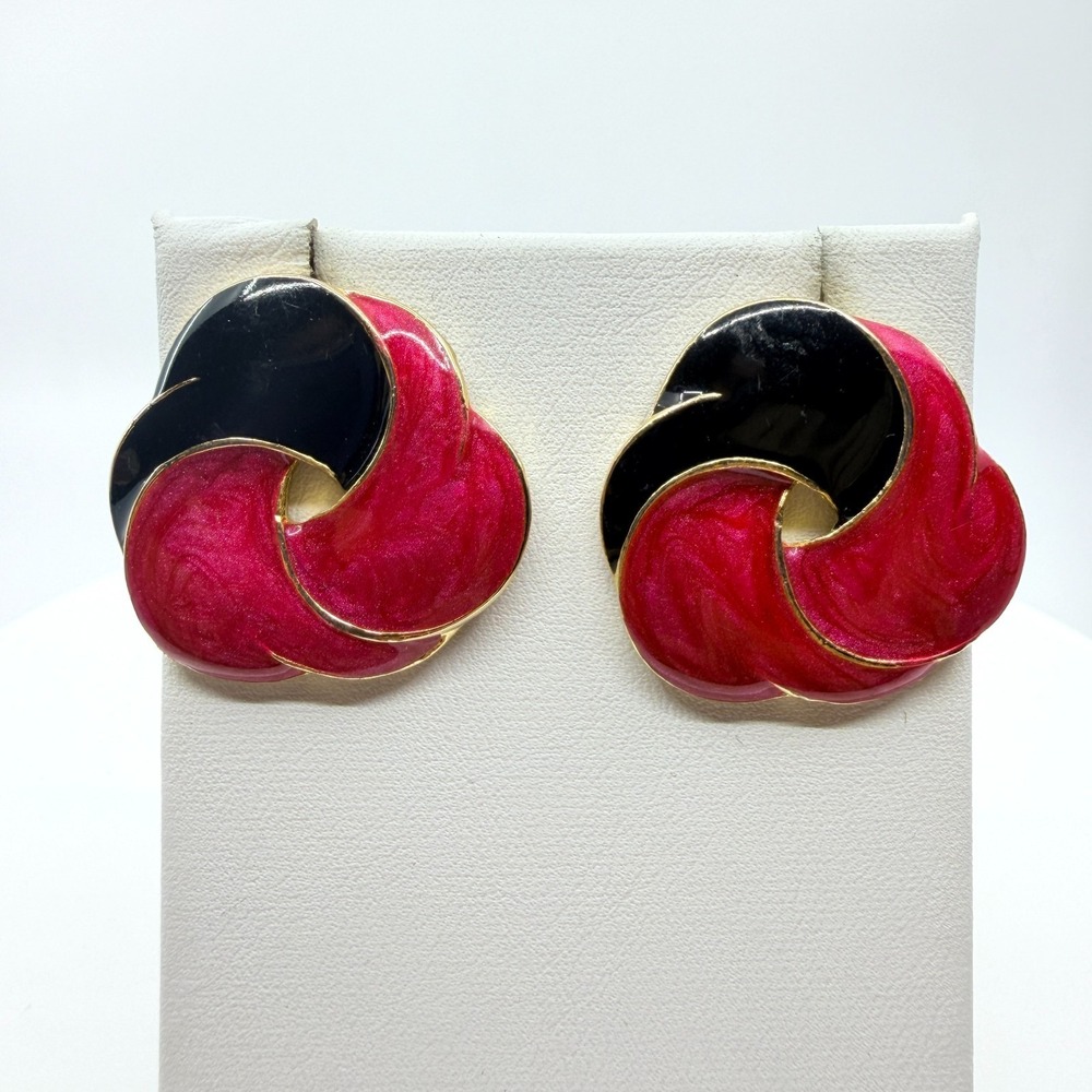 Vintage 80s Retro Gold Tone Pink Black Enamel Swirl Statement Earrings